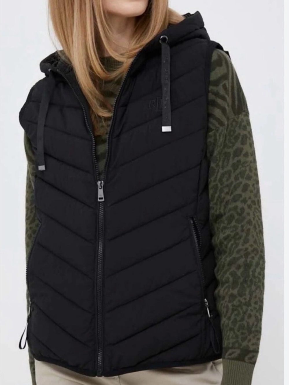 Lauren Ralph Lauren Women's Hooded Zip Up Puffer Vest Black Size L Pockets